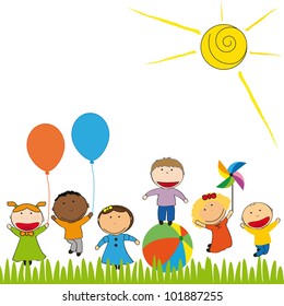 Small and happy kids  in colorful garden