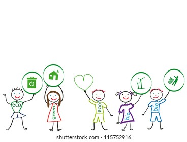 Small and happy kids with ecology symbol