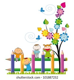 Small and happy kids on colorful fence