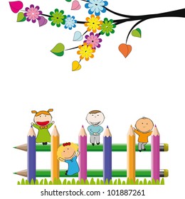 Small and happy kids on colorful fence
