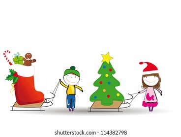 Small and happy kids in winter with sledge