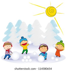 Small and happy kids in winter with snow