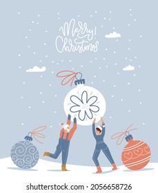 Small happy man and woman characters preparing for Christmas. Tiny people holding huge xmas tree ball together. Winter snowy greeting card. Flat style vector illustration with lettering text.