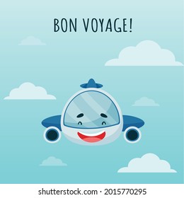 A small happy plane on a light blue background. The clouds. Bon voyage. Vector illustration