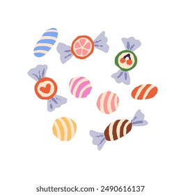 Small hard candies in wrapping. Little fruit caramels. Sweet lollipops, lolipops, lollypops. Sugar lollies, bonbons. Confectionery. Flat isolated hand drawn vector illustration on white background