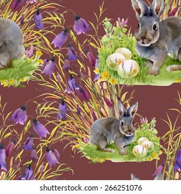 Small hare with Easter holiday eggs watercolor seamless pattern on brown background vector illustration