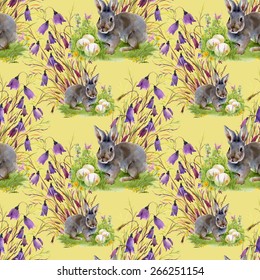Small hare with Easter holiday eggs watercolor seamless pattern on yellow background vector illustration