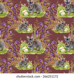 Small hare with Easter holiday eggs watercolor seamless pattern on brown background vector illustration