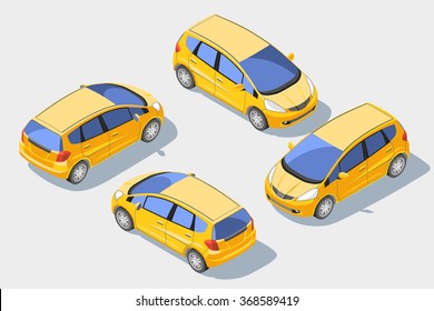 Small hatchback car high quality detailed flat isometric vector illustration. Modern city 3d traffic all around symbols. Elements for product promotion, presentation and infographics isolated on white