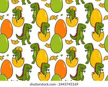 small hatched dinosaur, eggs seamless pattern. baby cartoon tyrannosaur isolated on white for children's illustrations, print on textile, wallpaper in children's room,  wrapping paper, package