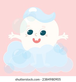 A small healthy baby tooth with toothpaste on top. The tooth smiles happily. Care and health of children's teeth.
