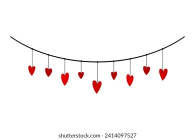 Small hearts hanging on a rope. Colored silhouette. Horizontal front view. Vector simple flat graphic illustration. Isolated object on a white background. Isolate.
