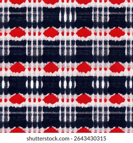 Kleine harten en geplakte lijnen in marineblauw, wit en rood, grunge lijnen ikat patroon, ikat naadloos patroon, Vector illustratie achtergrond voor het afdrukken van het papier.