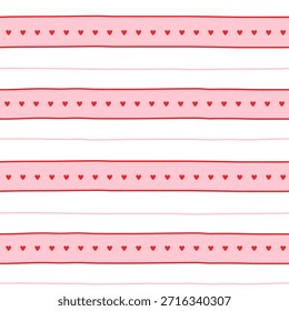 Small hearts and stripes hand drawn pattern. Cute small hearts lines and wavy stripes girly print