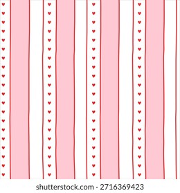 Small hearts and stripes hand drawn pattern. Cute small hearts lines and wavy stripes girly print