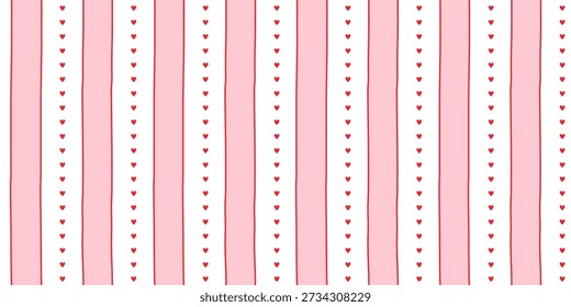Small hearts and stripes hand drawn pattern. Cute small hearts lines and wavy stripes girly print