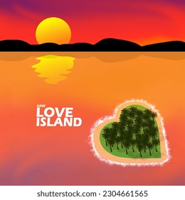 A small heart-shaped island in the vast ocean at sunset and bold text to celebrate Love Island on June