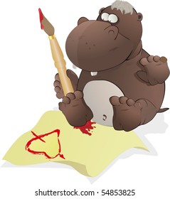 The small hippopotamus writes the letter to the beloved