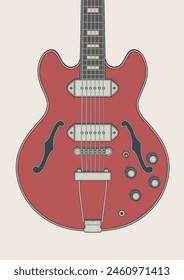 Small hollow body electric guitar in detailed vector illustration. Created in the style of retro