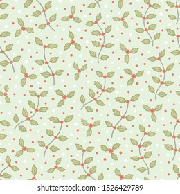 Small holly tree branchand red berries and snow seamless pattern vector winter florals green background