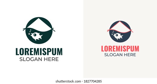 small home and small fish logo design vector illustration. Silhouettes of groups of sea fishes. Colony of small fish. Icon with river taxers. Stylized logo. Black and white drawing 