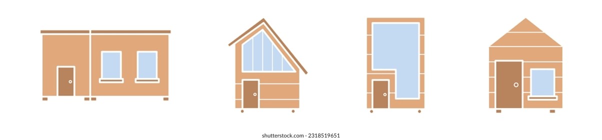 Small home modern icon set, tiny house concept, mobile apartment icons, portable cottage emblems, log cabin symbols isolated on white background