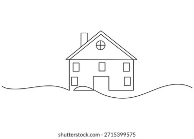 Pequena casa com jarda de arte de linha única esboço de propriedade residencial