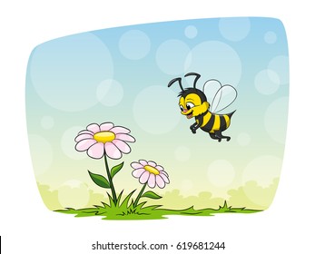 Small honeybee flies to a flower