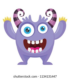 
A small horrifying creature with bulging eyes, horns and up hands representing alien victory monster 
