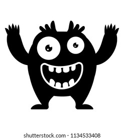 
A small horrifying creature with bulging eyes, horns and up hands representing alien victory monster 
