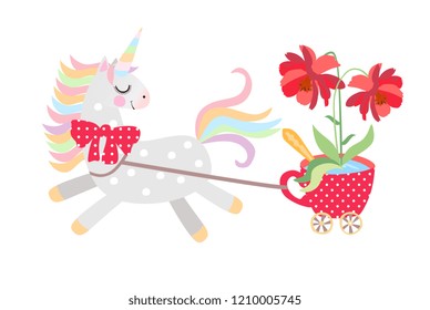 Small horse - unicorn harnessed to cart in the form of red cup on castors with large beautiful flower in it, rides isolated on white background in vector. Print for T-shirt.