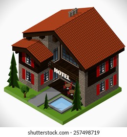 Small Hotel In The Style Of A Swiss Chalet. Vector Isometric Illustration.