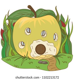 A small house in an apple in a summer garden.