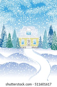 a small house with an attic in the winter forest with fir trees. House in snowy forest. Christmas winter landscape with a house