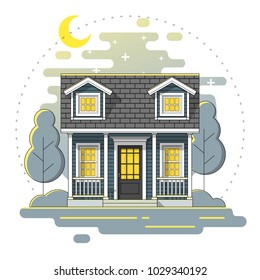Small house and beautiful rural landscape night scene background in flat line art style , vector , illustration