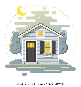 Small house and beautiful rural landscape night scene background in flat line art style , vector , illustration