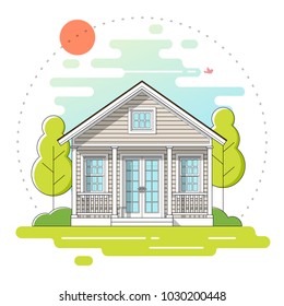 Small house and beautiful rural landscape day scene background in flat line art style , vector , illustration