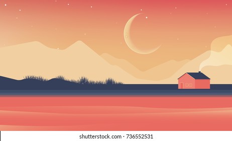 Small house beside the river and mountains at night landscape, orange and blue tones