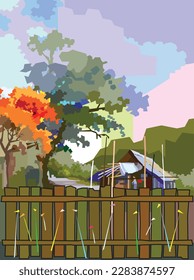 Ein kleines Haus in der großen Waldlandschaft Malerei mit Computergrafik-Techniken.