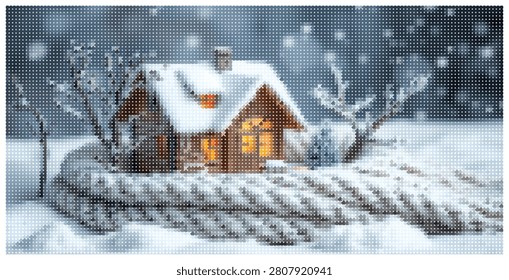Small house blanketed in snow, warm light from windows, falling snowflakes, winter landscape, cozy cottage, festive atmosphere.