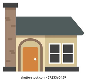 Una Pequeña casa con una chimenea de ladrillo y una puerta marrón