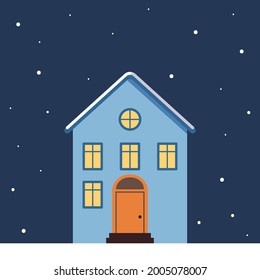 A small house with a bright roof in the snow, light in the windows and snowflakes in the background. Merry festive decorations for the new year and Christmas. Winter and holidays element