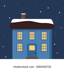 A small house with a bright roof in the snow, light in the windows and snowflakes in the background. Merry festive decorations for the new year and Christmas. Winter and holidays element