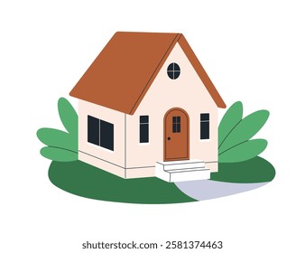 Small house building exterior. Country cottage, home with gabled roof, door, windows, green plants outdoors. Countryside rural real estate. Flat vector illustration isolated on white background