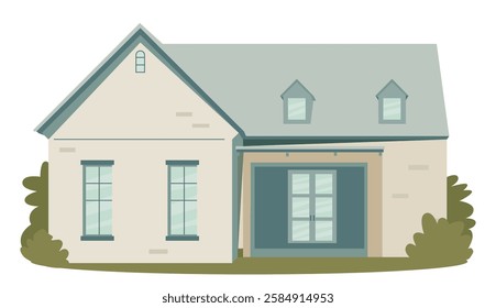 Small house building exterior. Country cottage, home with gabled roof, door, windows, green plants outdoors. Countryside rural real estate. Flat vector illustration isolated on white background