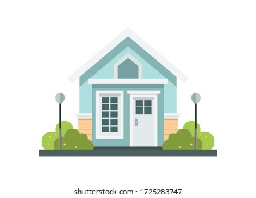 Small House Building With Front Garden And Garden Lamp. Simple Flat Illustration.