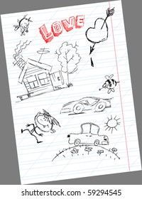 small house and a car drawn on notebook sheet