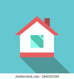 Small house with chimney and long shadow on turquoise blue. Real estate, rent, home, architecture and construction concept. Flat design. EPS 8 vector illustration 