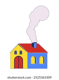 Pequeña casa con chimenea humo objeto de dibujos animados 2D. Casa de campo. Casa residencial rural. Clipart de Vector plano del elemento aislado exterior del edificio en el fondo blanco. Ilustración de punto