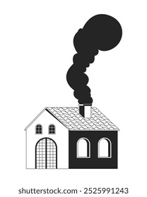 Small house with chimney smoke black and white 2D line object. Bungalow cottage. Rural residential home. Building exterior isolated clip art vector outline item. Monochromatic spot illustration